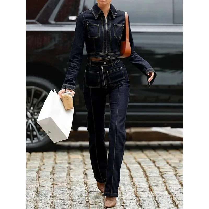 

Women Denim Pants Sets 2026 Spring Office Lady Straight Lapel Zipper Short Jackets Pockets Full-length Pencil Pant 177737+177738