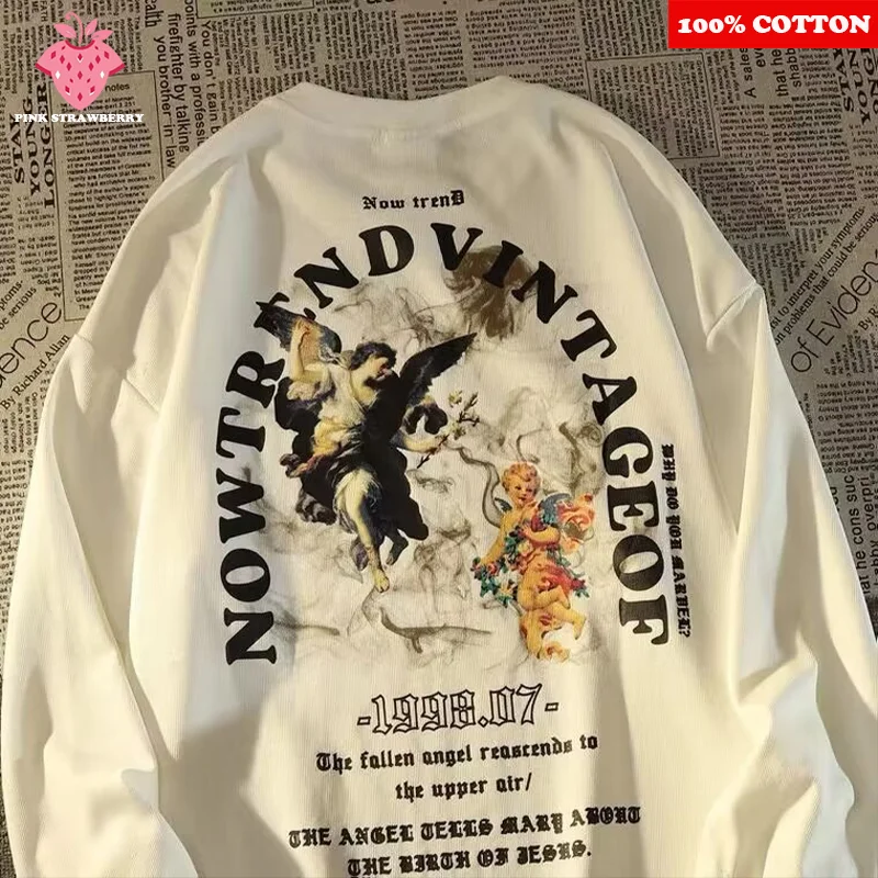 

American Style Wing Print T-shirt Men Autumn 2025 New 100% Cotton Oversize Loose Long sleeves T-shirt Top Y2k Couple clothing