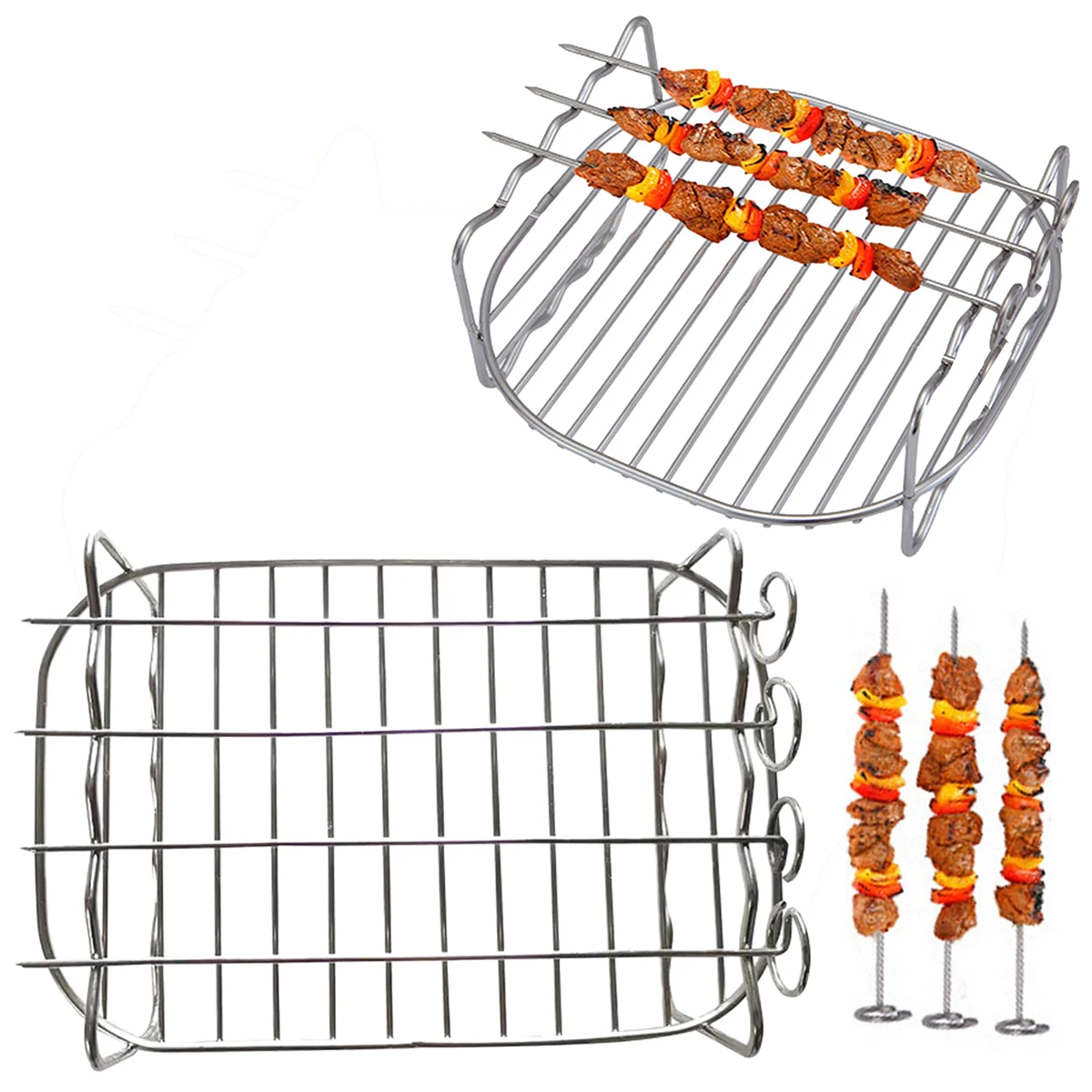 Rejilla para freidora de aire, rejilla de alambre de acero inoxidable multiusos con 4 brochetas para carne de barbacoa