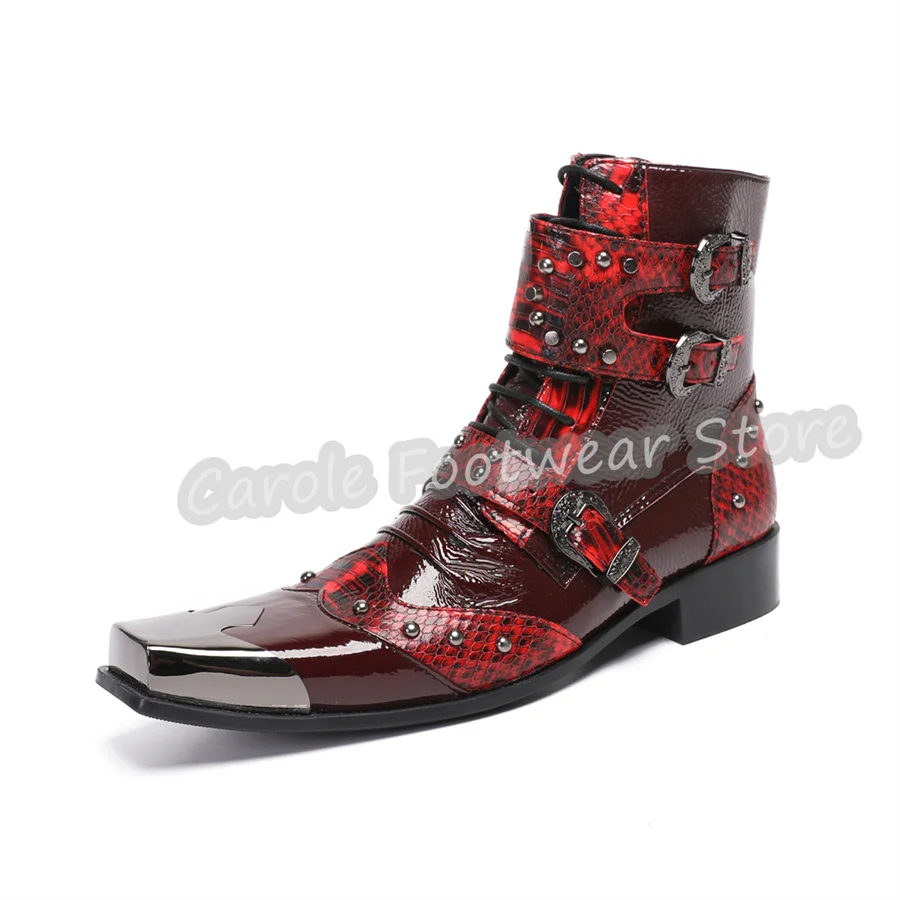 Punk Rock Male Crocodile Emboss Genuine Leather Ankle Boots Metal Square Toe Belt Buckle Decor Western Cowboy Boots