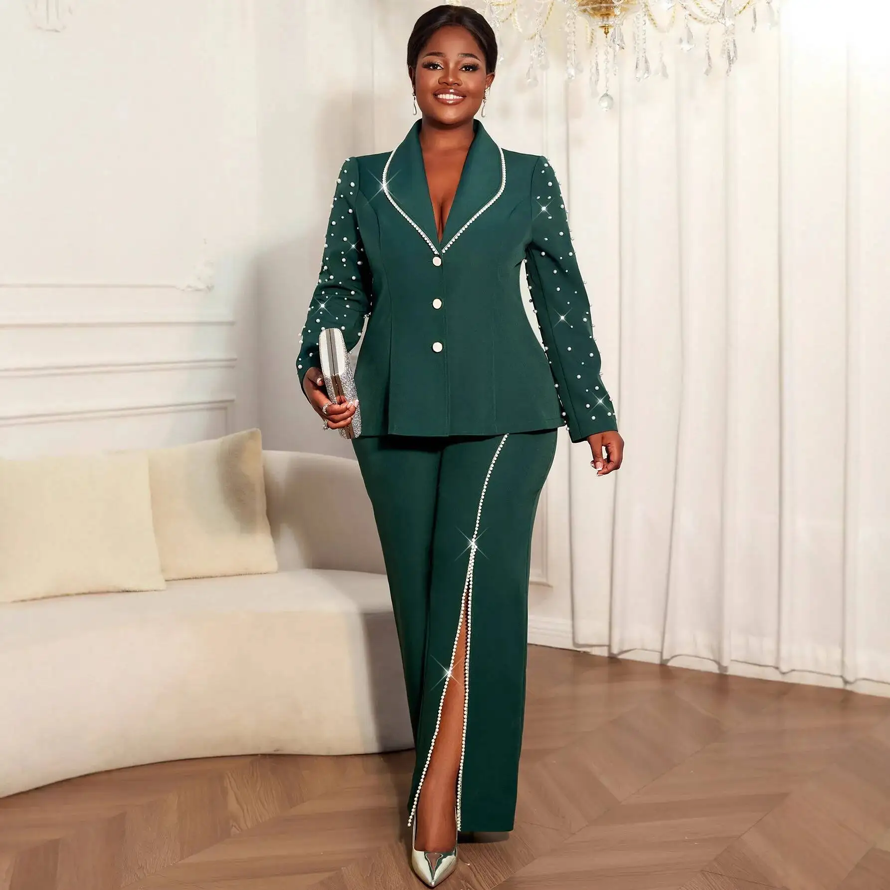Plus Size Women's Clothing Dark Green Beaded Blazer Split Wide-leg Pants Elegant Two-piece Set Elegantes Casual Y2K