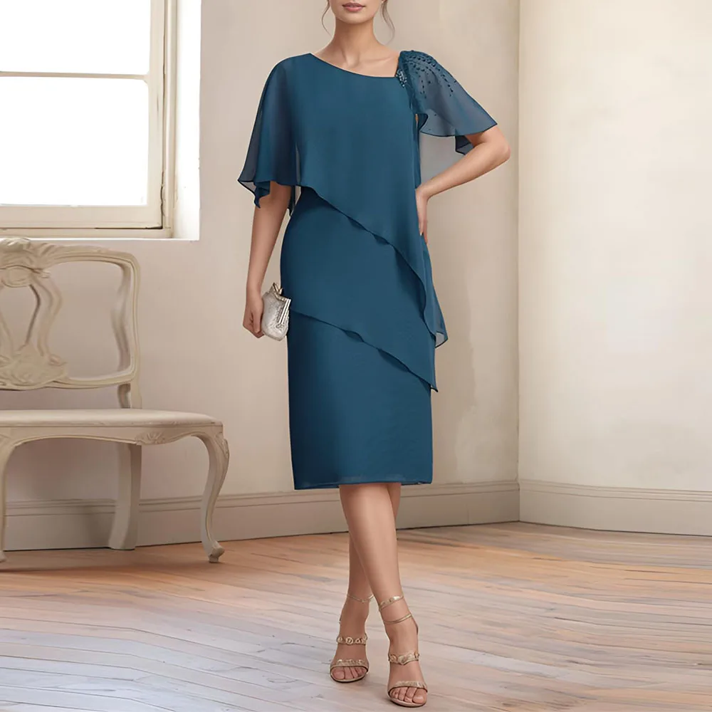 

Customized Tiered Chiffon Mother of The Bride Dresses Women's Column Beaded Prom Dress Tea-Length Shawl Wedding Guest Gown