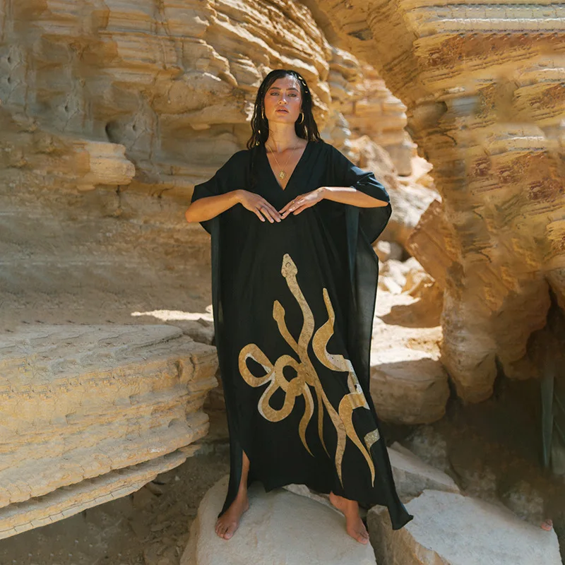 ชุดคลุมบิกินี่สีดำแบบกิโมโน แขนทรงค้างคาว ผ้าคลุมชายหาด ชุดคลุมแม็กซี่สำหรับผู้หญิง ผ้าคลุมชุดว่ายน้ำแบบหลวม