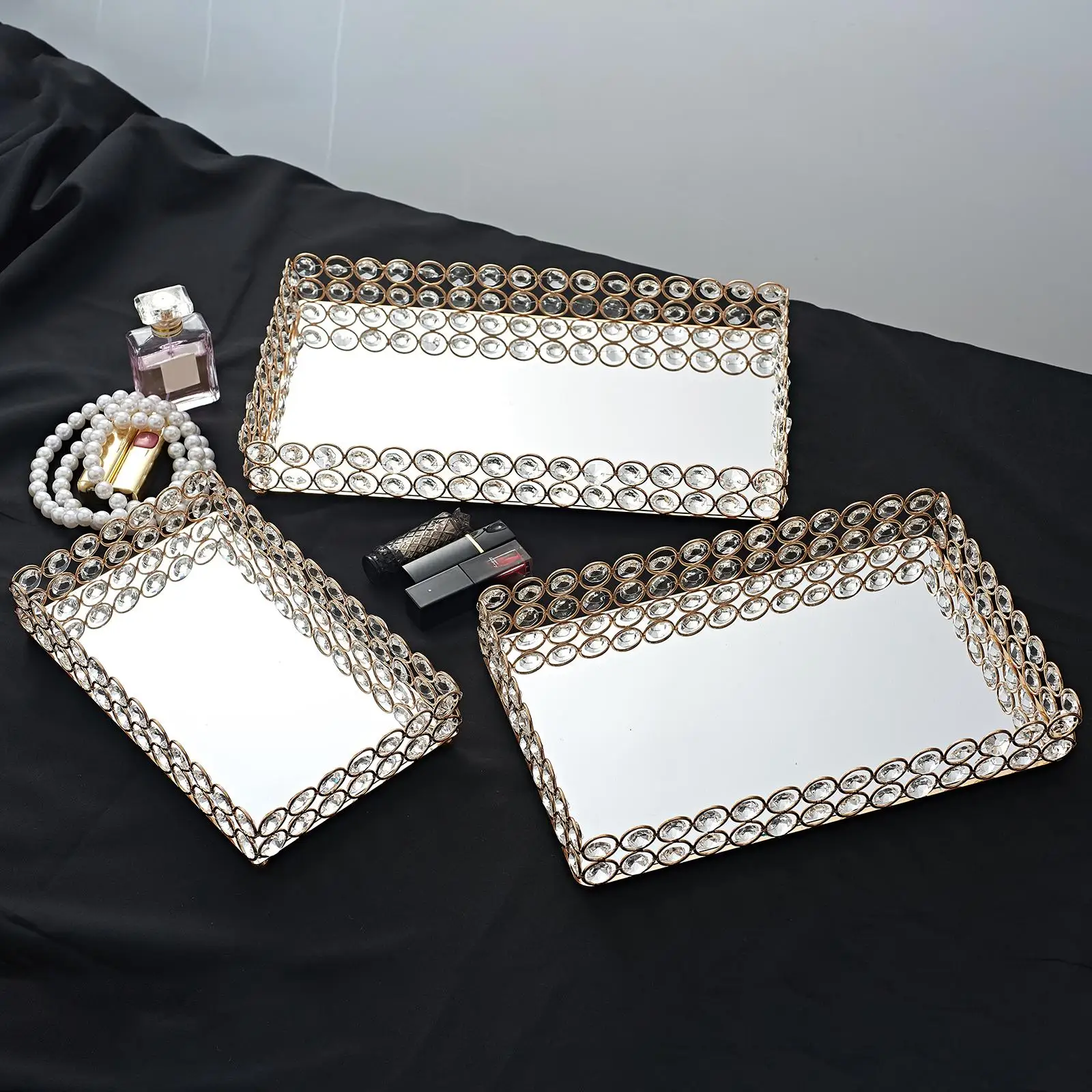 Decorative Makeup Vanity Trays Crystal Mirrored Trinket Ornate Perfume Plate for Dresser - 3