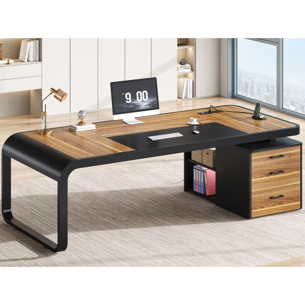 

70.9" Executive Desk, Large Computer Desk with Drawers and Lateral File Cabinet, Office Desk with Removable Shelves, Business F