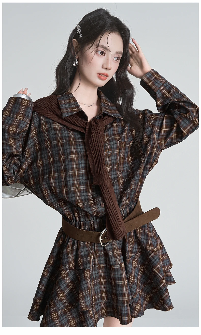2025 Spring and Autumn Vintage Coffee Blue Gray Plaid Polo Collar Waist-Cinching Long Sleeve Shirt Short Skirt Knitted Shawl Set