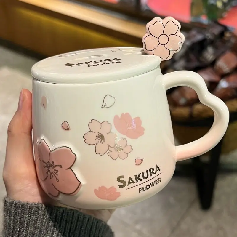 

New High Beauty Mug with Lid Spoon Sakura Powder Household Lovely Breakfast Lovers Milk Coffee Mug Ceramic Mug