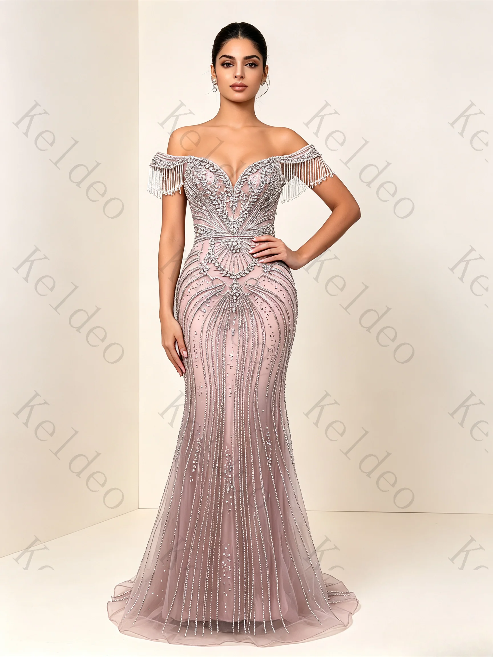 Customized Women's Dusty Pink Off‑Shoulder Mermaid Evening Gown Crystal Beaded Tassel Dubai Formal Dress for Wedding Party