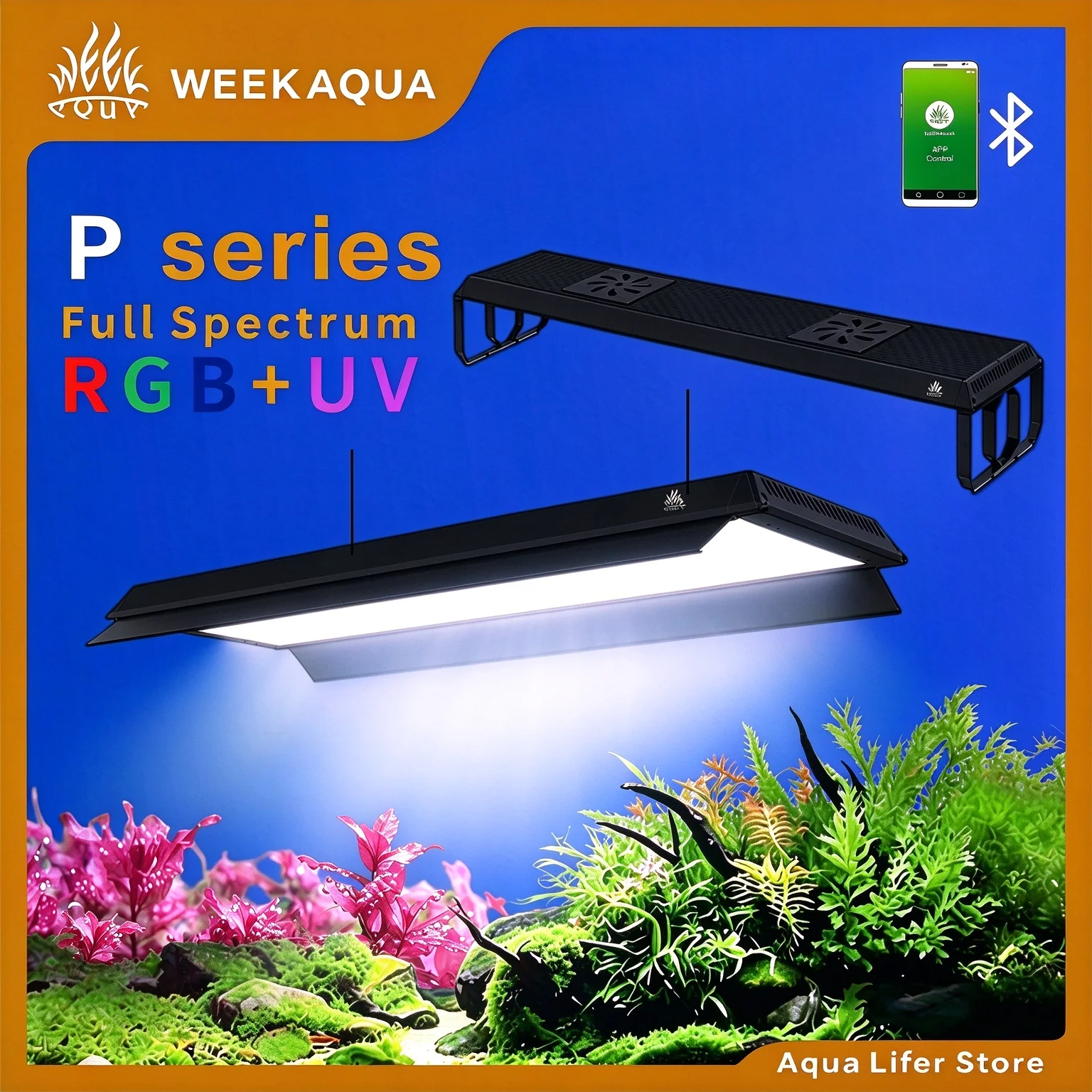 WEEK AQUA P‑Series Full‑Spectrum RGB+UV Aquascape Light for Planted & Native Stream Tanks, Bluetooth APP Dimming and Timer