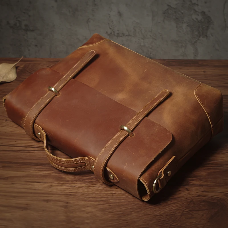 NUKA Men's Leather Handbag Vintage Business Briefcase Crazy Horse Cowhide Messenger Bag Deluxe Shoulder Bag For 15.6 Inch Laptop