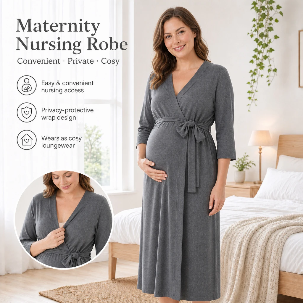 Pregnant Women Maternity Nursing Robe 3/4 Sleeve Wrap Belted Hospital Labor Gown Soft Loungewear
