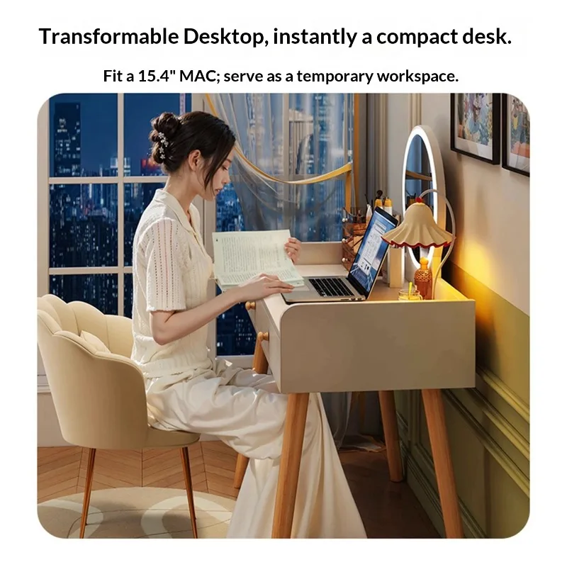 2025 Modern Minimalist Narrow Makeup Vanity Table Dual Function Integrated Mirror LED Storage Compact Bedroom