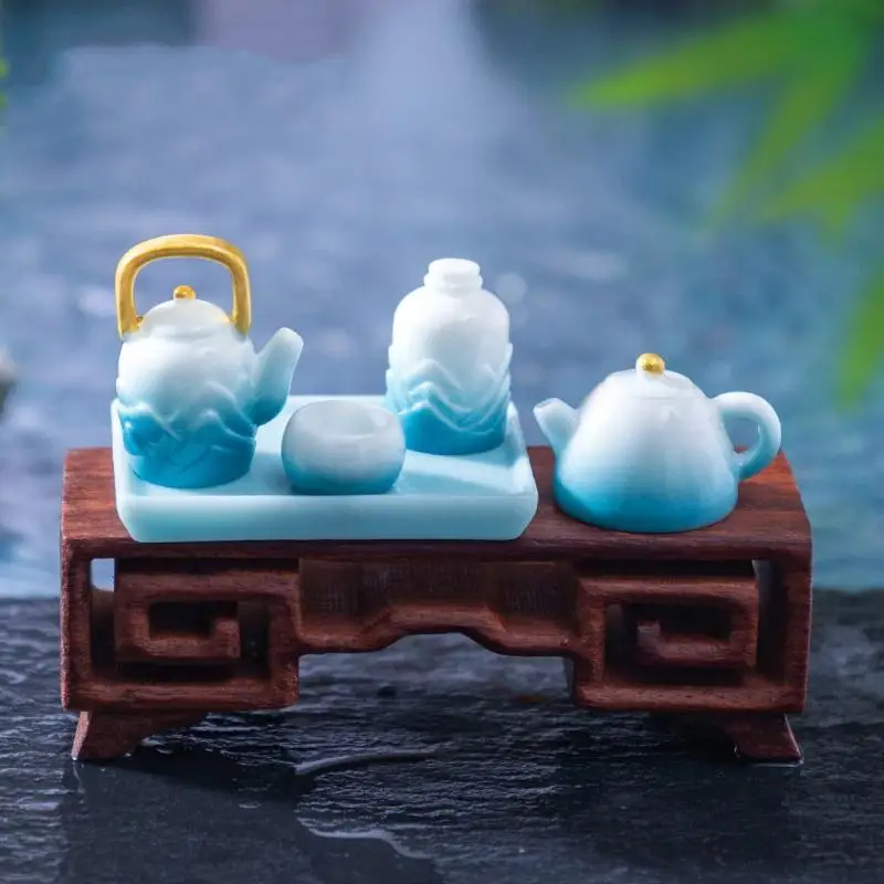9Pcs Dollhouse Miniature Fairy Garden Decoration Tea Set Mountain Figurine Ink Landscape Style DIY Home Decor