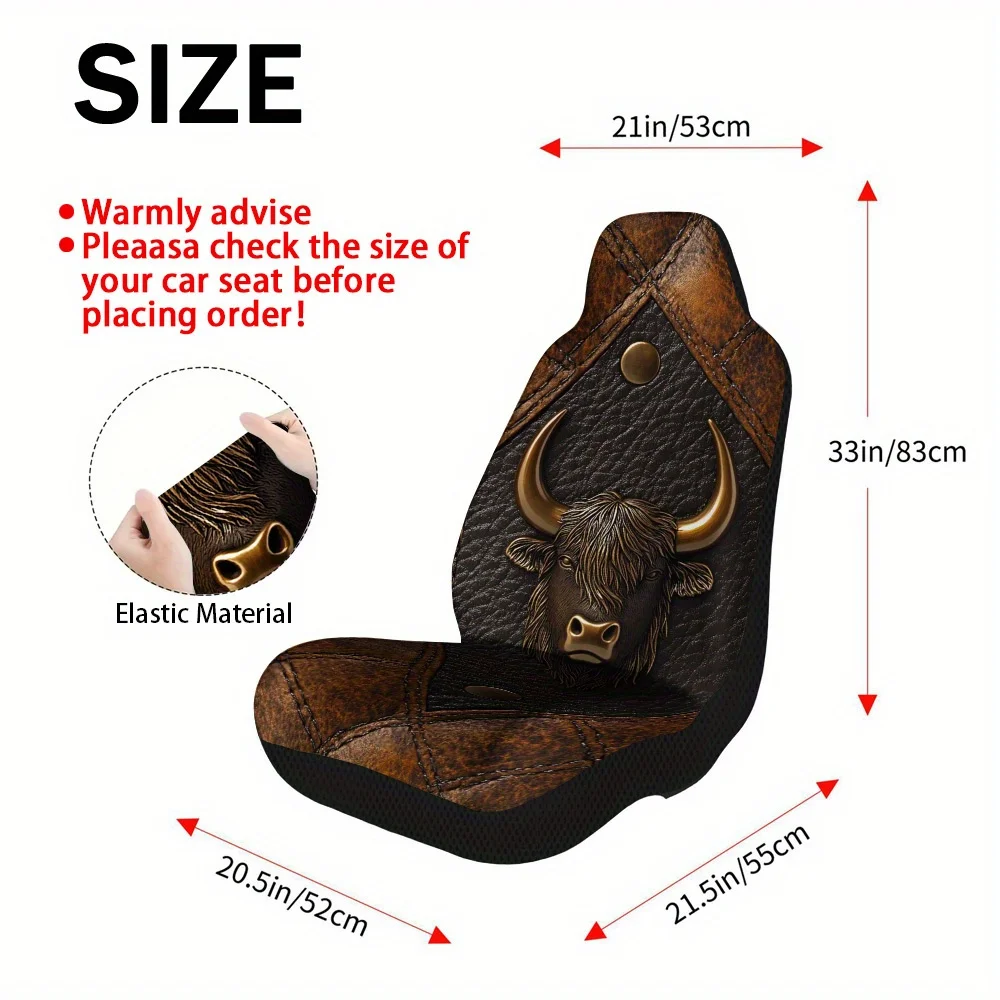 Set Of 2 Universal Car Seat Covers Featuring An Embossed Leather Bull Design, Stylish For Your Vehicle. Ideal For Daily Yoga Tri