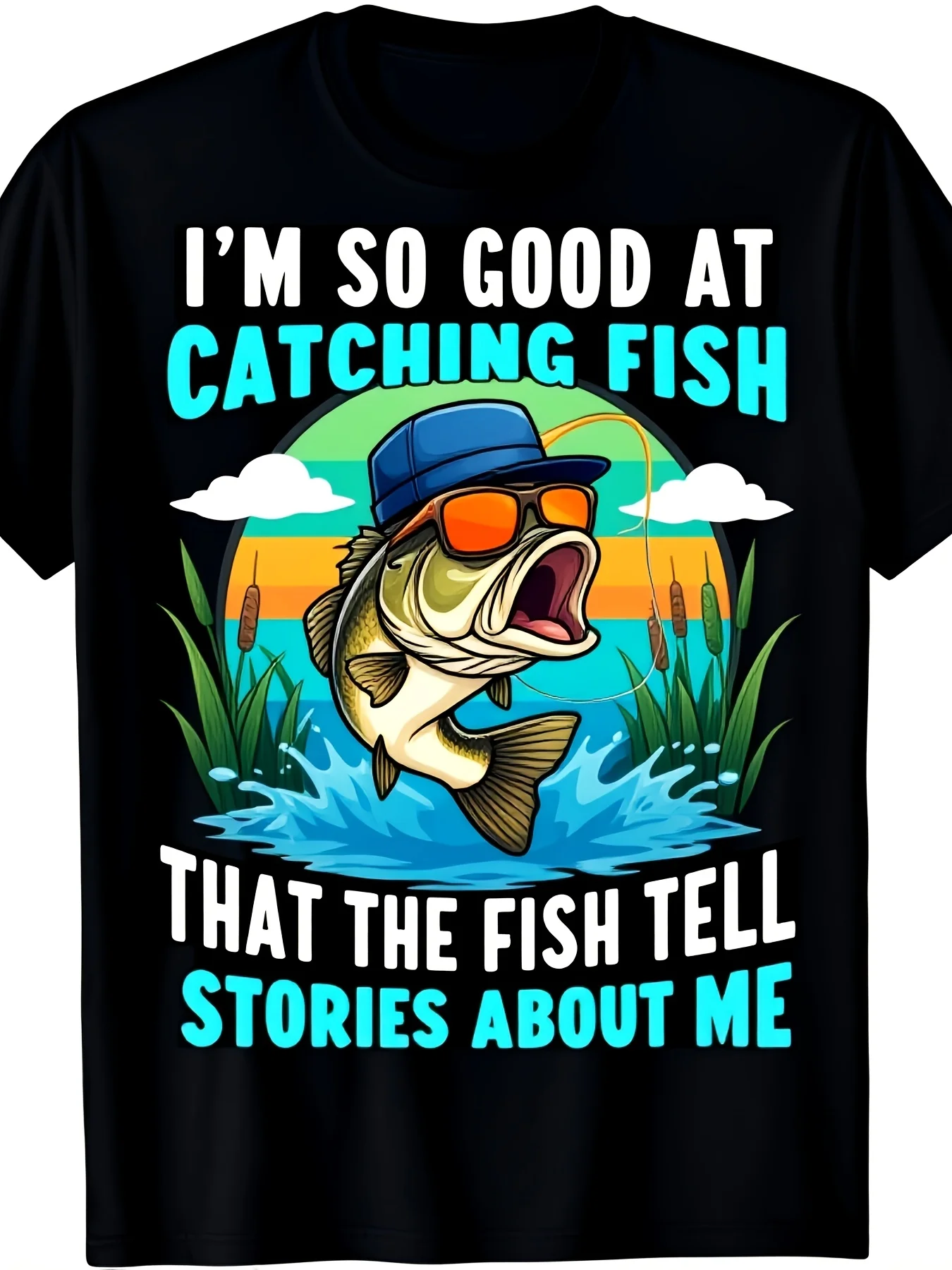 Men'S Humorous Fishing Graphic T-Shirt I'M So Good At Catching Fish They Tell Stories Print Spandex Streetwear Casual Short Sleeve Tee for Summer Outdoor Activities Fishinpure Breathable SweatWicRetro Casual Short-Sleeved T-Shirt with Round Neck and