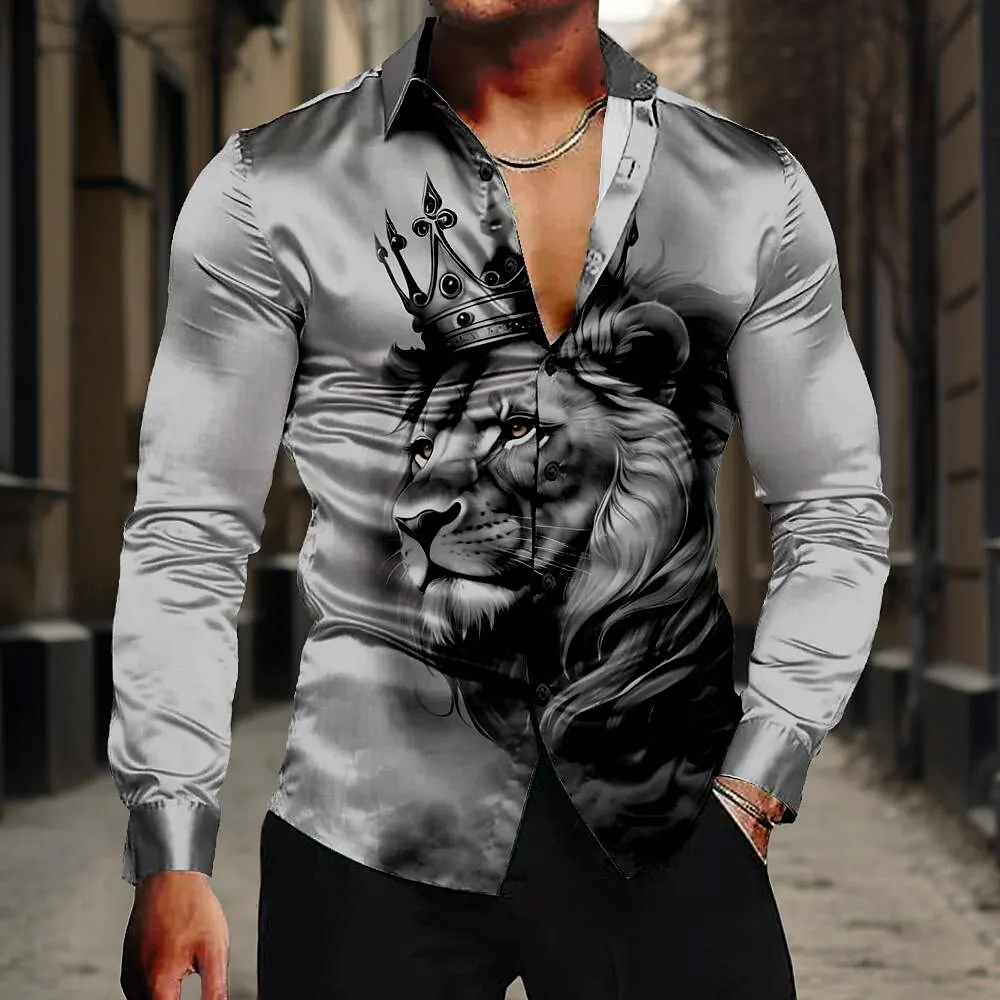 3D Printed Lion Graphic Men's Lapel Shirts Autumn Outdoor Casual Long Sleeve Clothes Fashion Design Breathable Comfortable Shirt