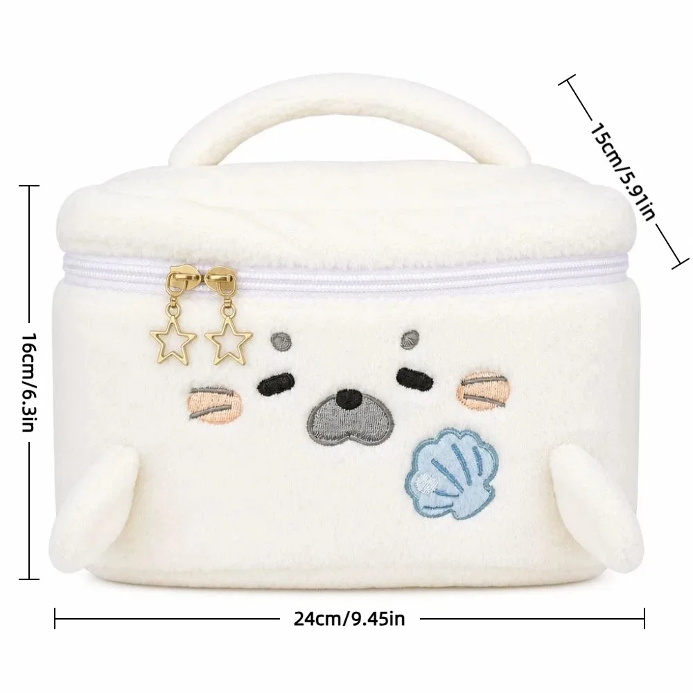 Fluffy Little Seal Make-up-Tasche, großes Fassungsvermögen, tragbare Kosmetiktasche, tragbare Reisetasche mit Stickmuster, Mehrzweck-Toilettentasche – Detail 1