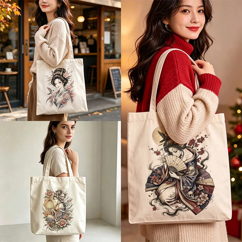Personalized Geisha Canvas Tote Bag Custom Name Chinese Floral Artistic Grocery Shopping Bag Large Reusable for Women Girls Gift