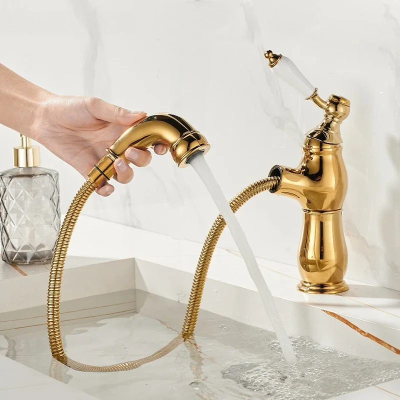 French vintage brass basin pull-out faucet bathroom Gold Mixer Tap cabinet ceramic one-piece basin cold and hot splash-proof