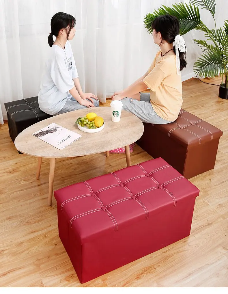 White Foldable Storage Ottoman Bench 110L Faux Leather Rectangular Footstool Bedroom Entryway Seat