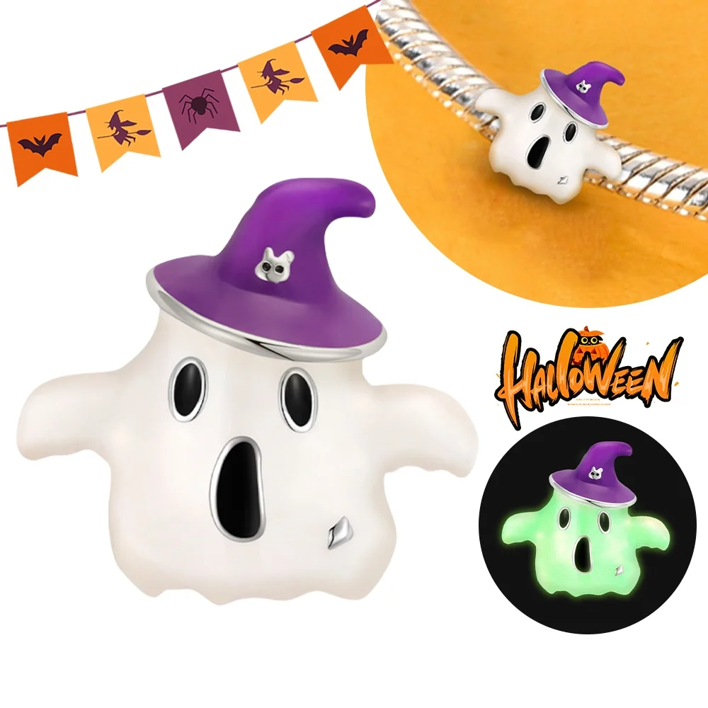 Halloween Party Series 925 Sterling Silver Luminous Magic Hat Ghost Beads Fit Charms Bracelet for Jewelry Making Women Gifts