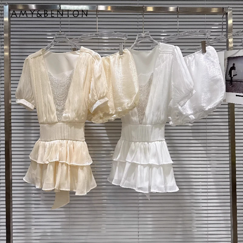 

Temperament V-neck Beaded Design Chiffon Short-sleeved Women's Dress 2026 Summer New Sweet Cool Versatile Shorts Sets Ladies