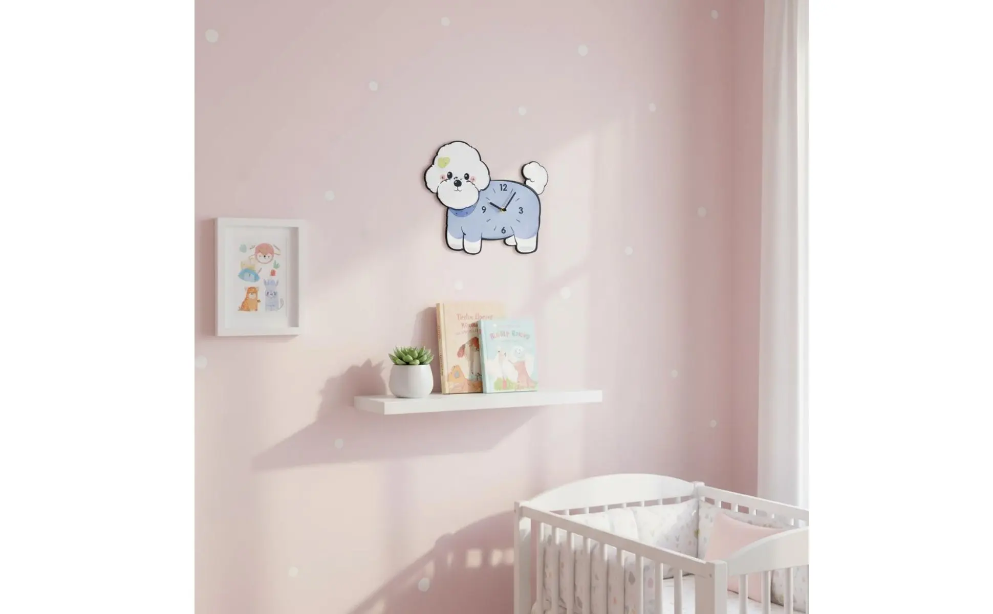 Bichon Frise Wall Clock Adorable Design Wagging Tail Dog Clock Distinctive Gift Easy Installation for Bedroom, Nursery