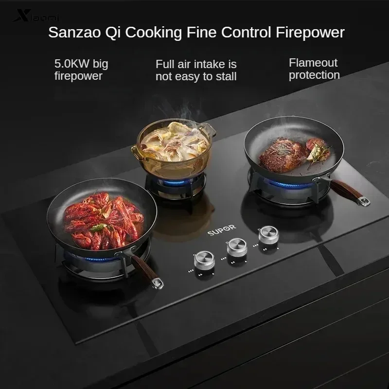 New household three-burner gas stove. Embedded. Natural gas.  Fierce fire.flameout protection