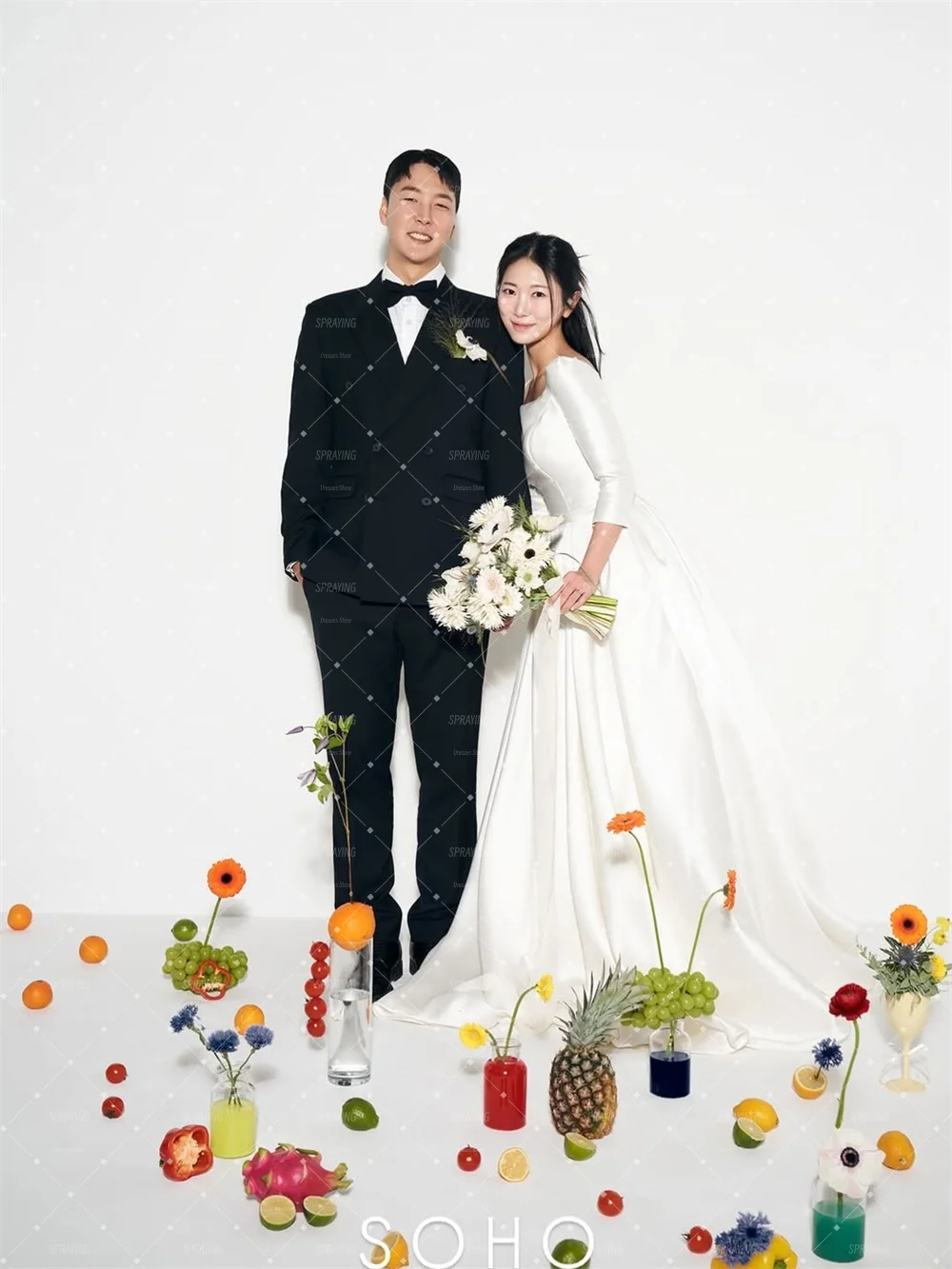 SPRAYING Marfim Cetim Longo Vestido de Noiva Coreia Sessão de Fotos Gola Quadrada Mangas Compridas Vestidos de Noiva Espartilho Personalizado nnetzo