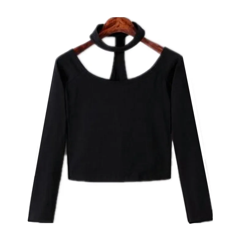 韓国風セクシーなスラッシュネック黒Tシャツ レディース 長袖ホルターネックトップ ガールズTシャツ クロップトップ レディース服 ヴィンテージTシャツ