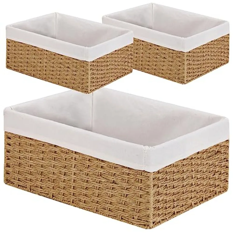 

Wicker Storage Basket, 3-Pack Woven Paper Rope Wicker Baskets with Handles, Large Wicker Basket Cube Storage Bins with Liners,