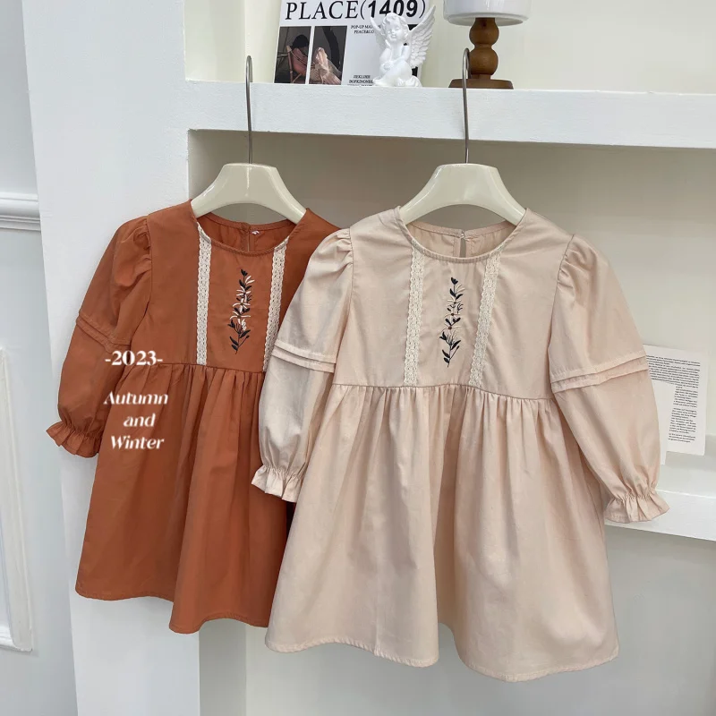 

Autumn New Girls' Long Sleeve Embroidered Dress, Soft Loose Solid Color Dress for Girls