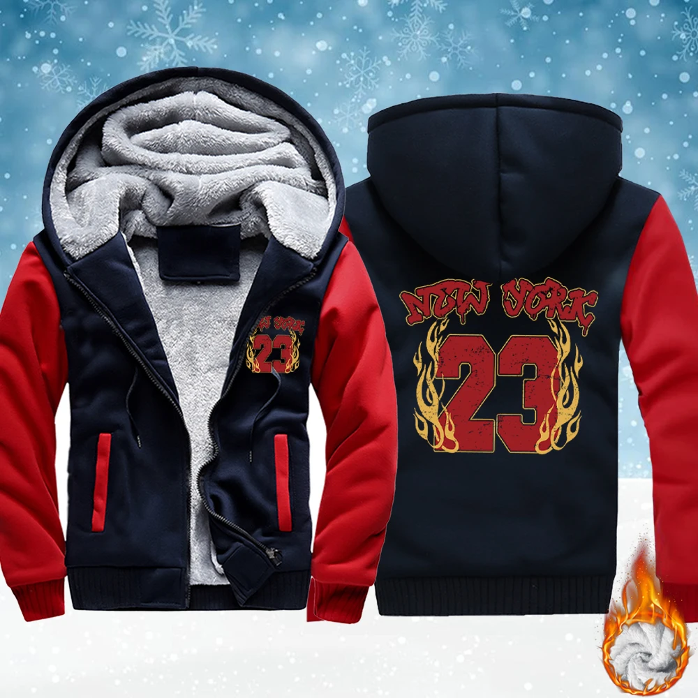 

New York Number 23 Fire Print Mens Fleece Pocket Jacket Thicken Comfy Outwear Winter Zip-Up Hoodie Basic Warm Coat Fashion Top