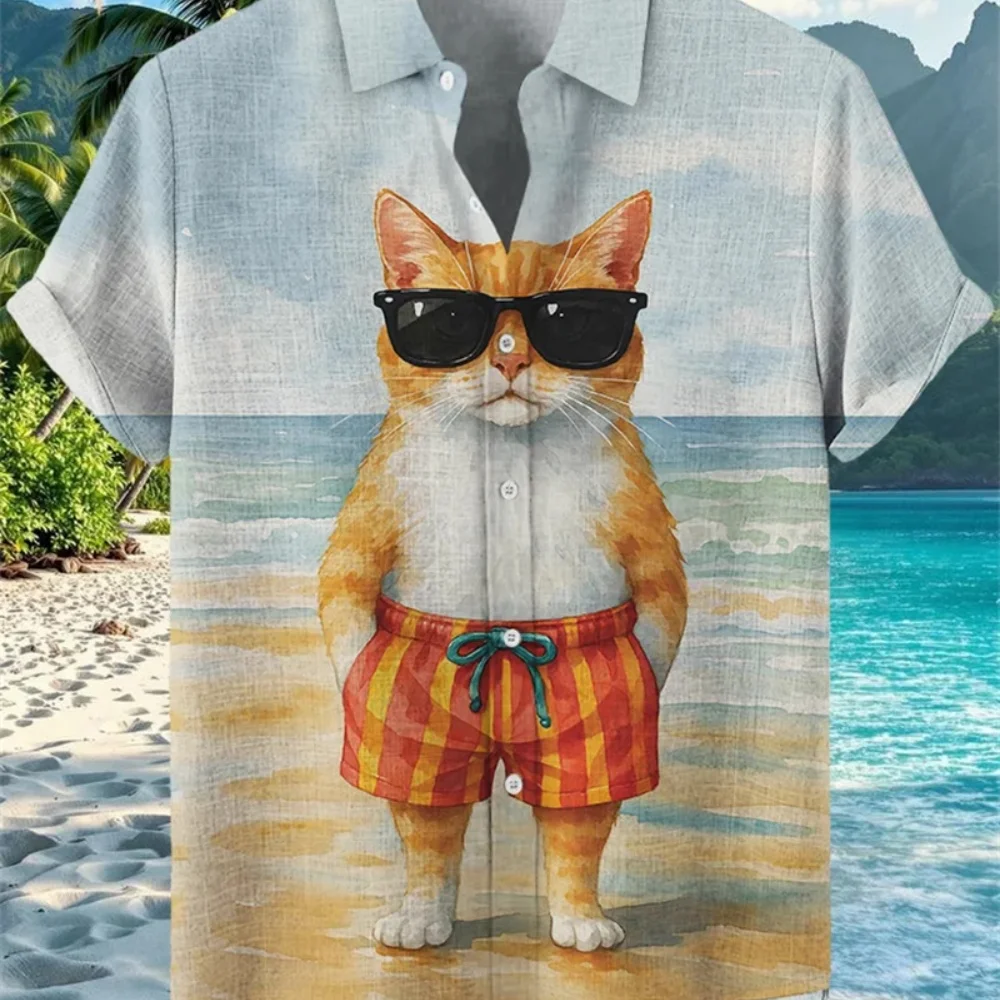 

Men's Short Sleeve Linen Shirt 2025 Fashionable Hawaiian Holiday Beach Casual Lapel Button Print Breathable plus Size