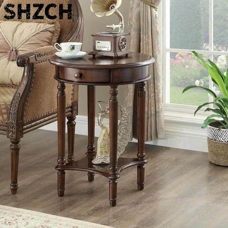Couchtisch aus massivem Holz, runder Nachttisch, doppelschichtig, Wohnmöbel, klassisches Design, Beistelltisch, vielseitig einsetzbar, modernes Dekor
