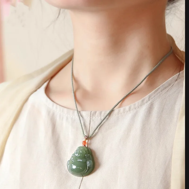 Natural Hetian Jade Laughing Maitreya Buddha Pendant for Women Icy Translucent Jade Necklace Pendant Gifts