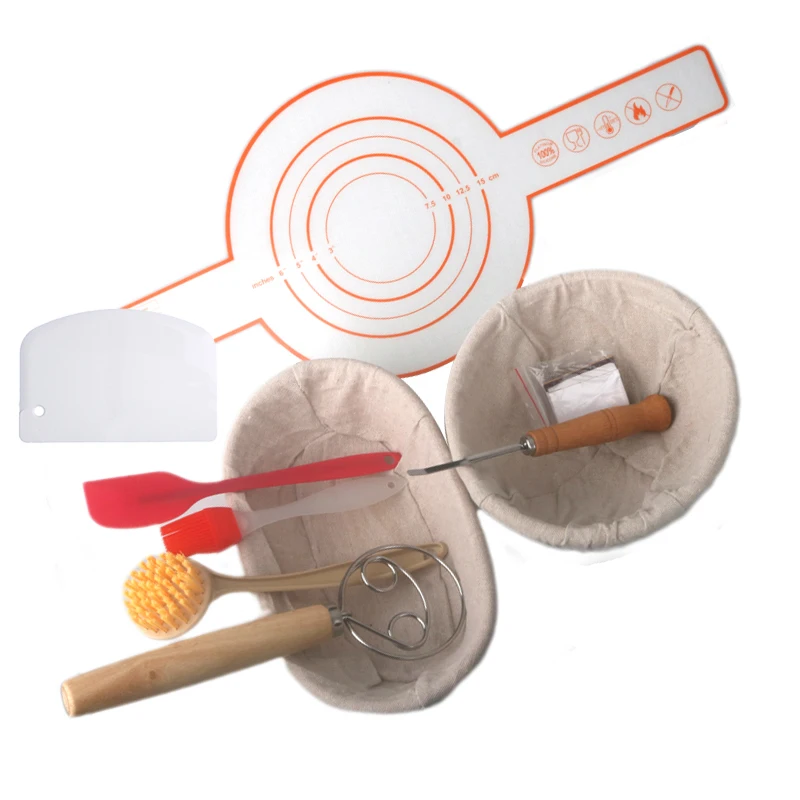 

Natural Rattan Bread Basket with Hemp Lined Cloth 7 Pieces Bread Tool Banneton Dough Fermentation Basket Sour Bread Proof Basket