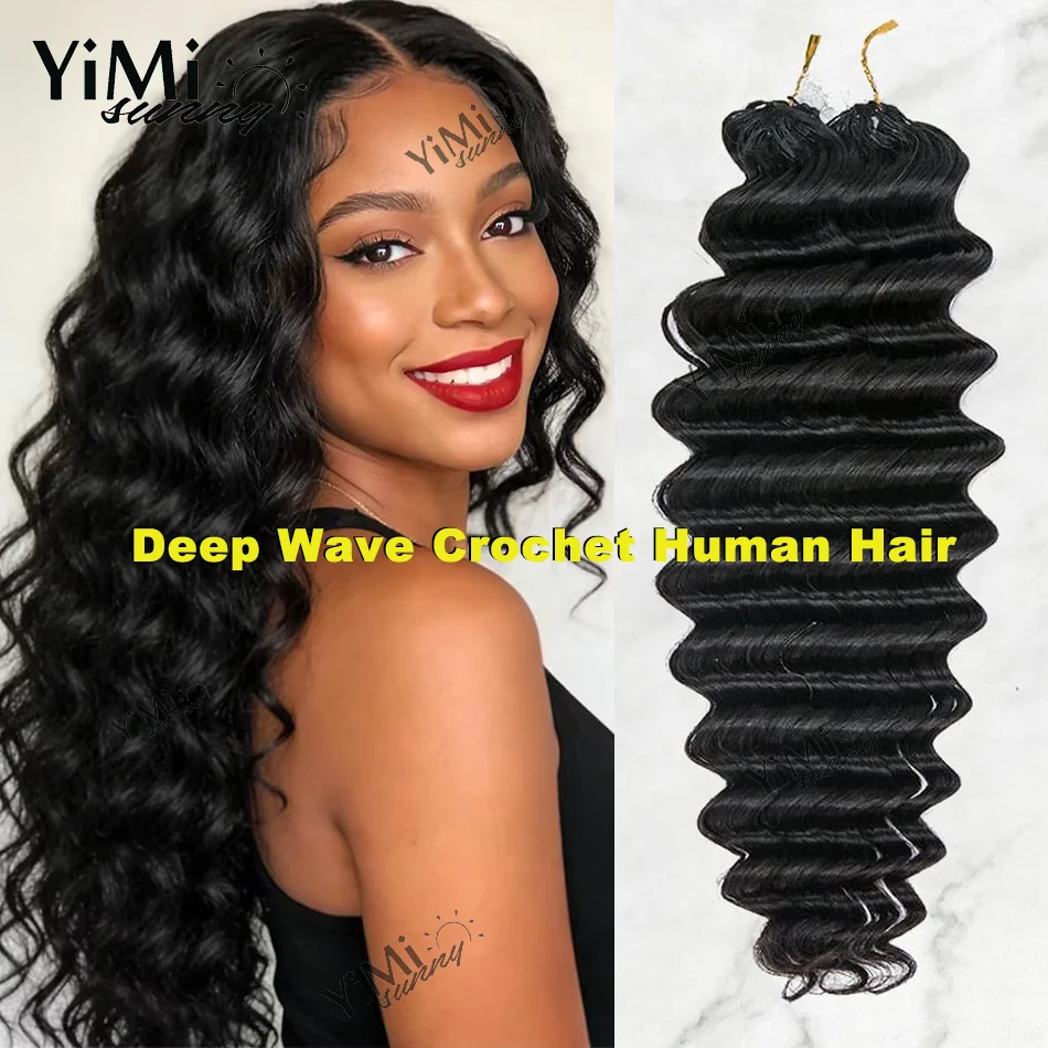 Extensions de cheveux humains 100% naturels Deep Wave Feather Crochet pour tresses bohèmes, avec nœuds miracle et Sting Yimisunny