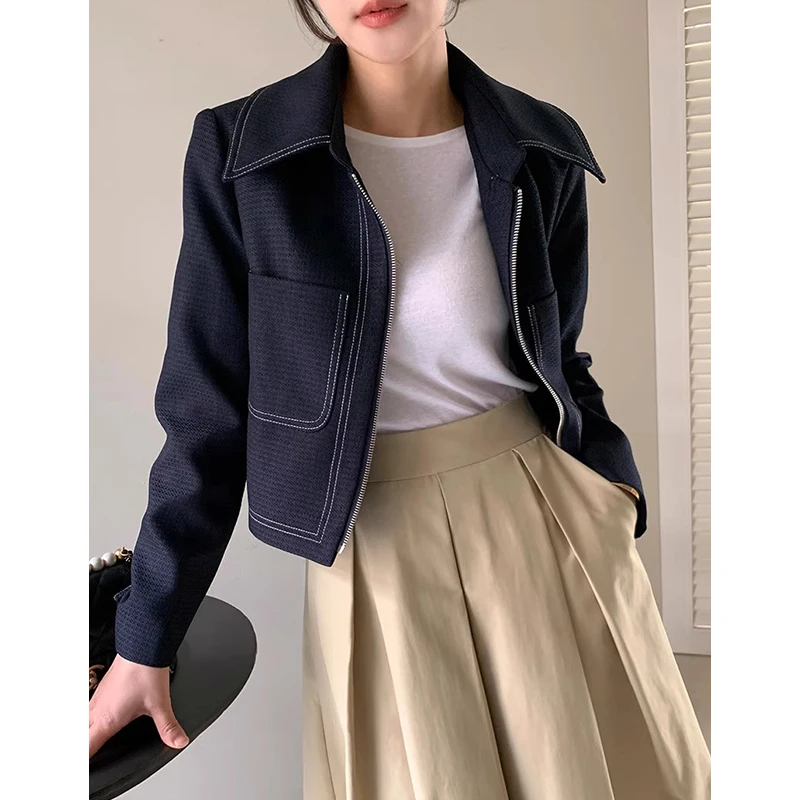 KUSAHIKI Korean Chic Autumn Retro Turn-down Collar Versatile Casual Double Pocket Long Sleeved Jacket Cardigan Coat for Women