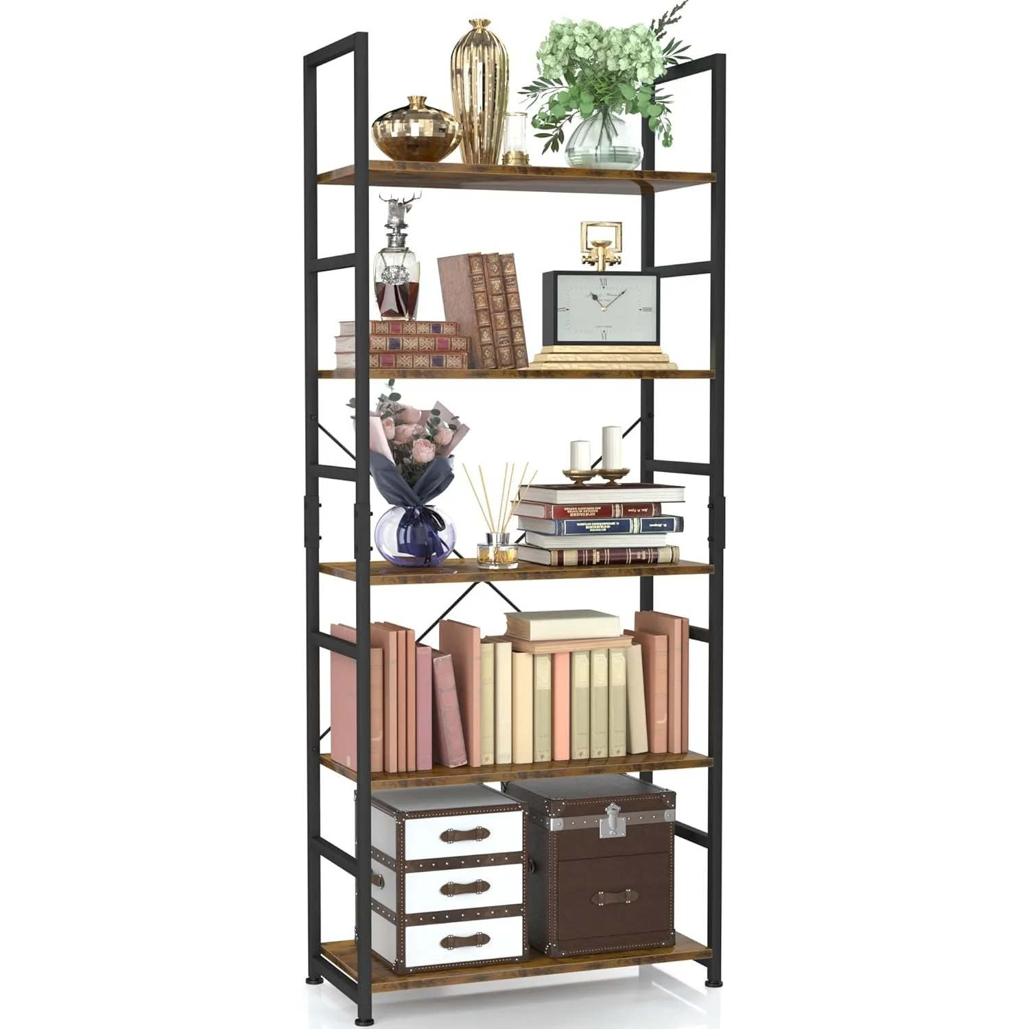 

5 Tier Bookshelf, Tall Bookcase Shelf Storage Organizer, Modern Book Shelf for Bedroom, Living Room and Home Office, Vintage