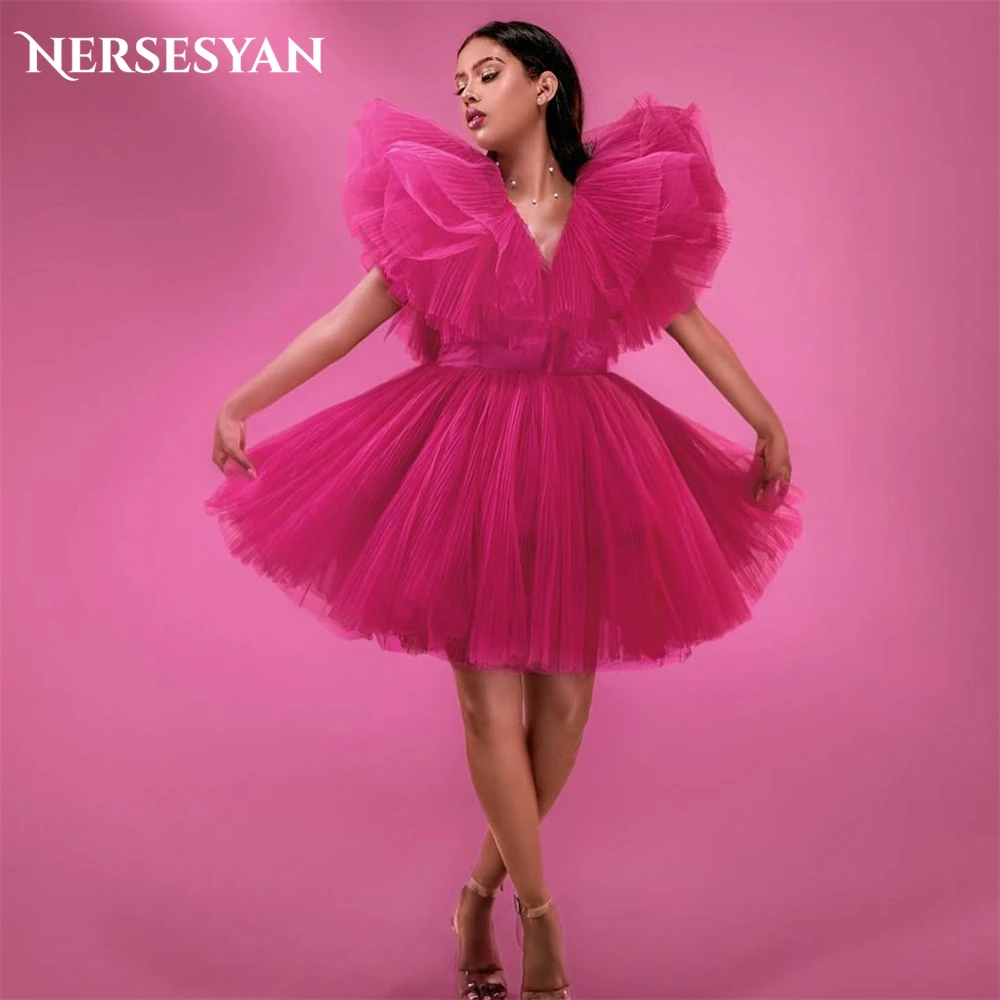 Nersessuperb-Robe de soirée rose élégante, col en V, volants à plusieurs niveaux, ligne A, plis, remise des diplômes, mini, dos nu, robes de soirée, fibr2024