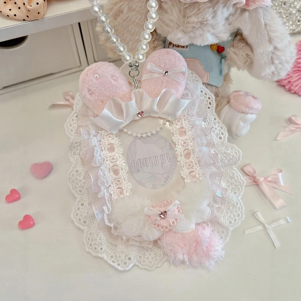 Handmade Photocard Bag Charm with Bead Chain Lanyard, 3-inch Clear PVC Pocket, Lace Fluffy Fabric Trim, Holds Idol Anime Instant Photos, Detachable Bag Ornament for Fan Card Collection