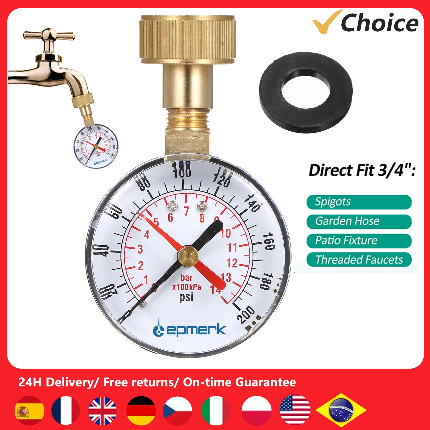 

2-1/2'' Pressure Gauge Water Pressure Test Gauge 3/4'' Vacuum Manometer 200 PSI for Water Pump Air Gas Water Fuel Liquid
