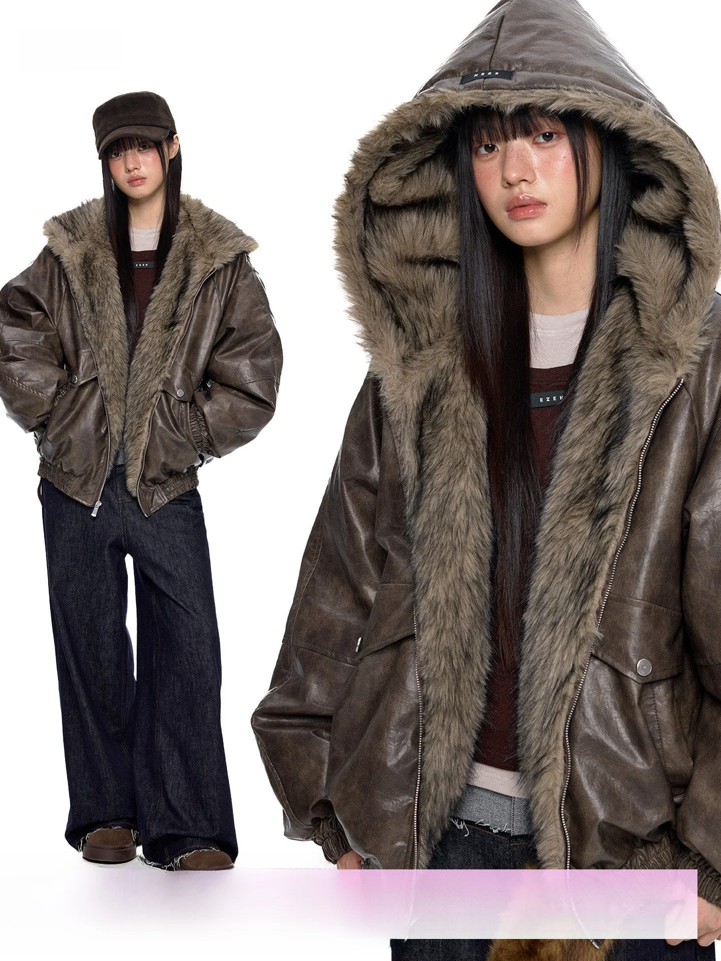 

Женская хлопковая куртка EZEK с капюшоном, в стиле пэчворк, с кожаными вставками, длинными рукавами, осенне-зимняя, новая, в американском ретро-стиле, свободного кроя