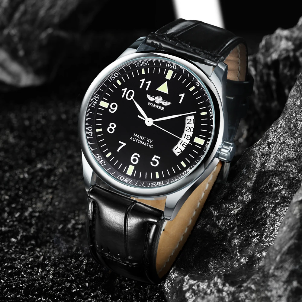 WINNER Fashion Business Mechanical Watches Calendar Stainless Steel Leather Strap Luxury Brand Classic Automatic Mens Watch New