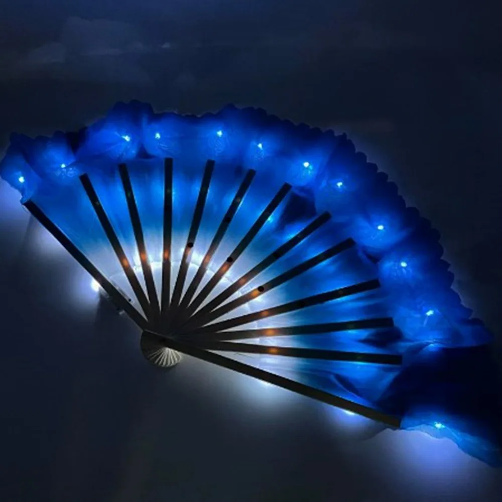 

30.5cm Bamboo+10cm Half Circle Silk Chinese Short Bellydance Fan Lighting 6 Colors Veil Pairs Yangko Prop Dance Bamboo Fans