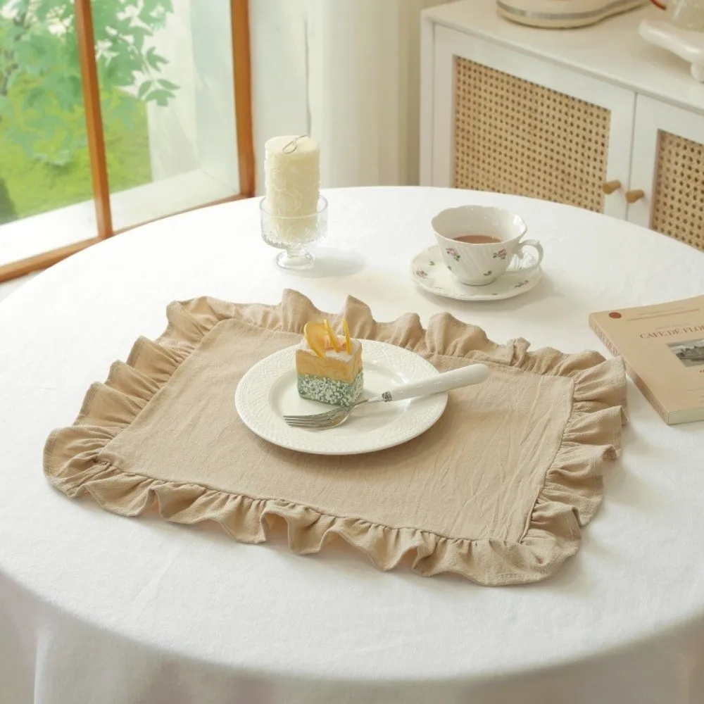 Retro Soft Ruffle Placemats Round Cotton Cloth Napkins Square French Table Cup Mat Table Decor