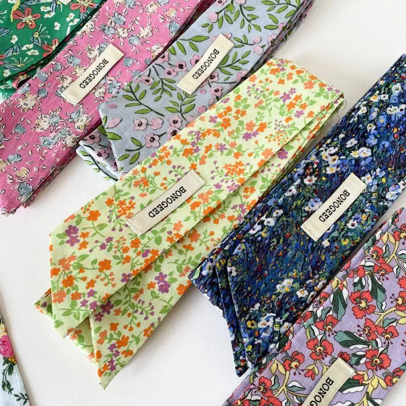

Pure Cotton Floral Print Long Ribbon Women's Fashionable Double Layer Scarf Bag Tying Decorative Hairband Elegant Accessory
