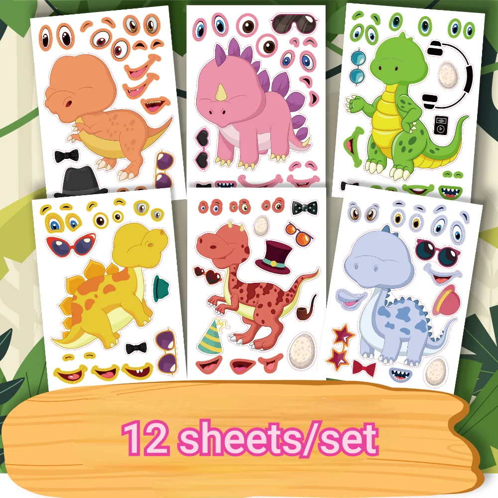 12 DIY Sticker Puzzle Game Do Face Animal Dinosaur Assembly Puzzle Children's Identification Educational Toy Kawaii Stickers