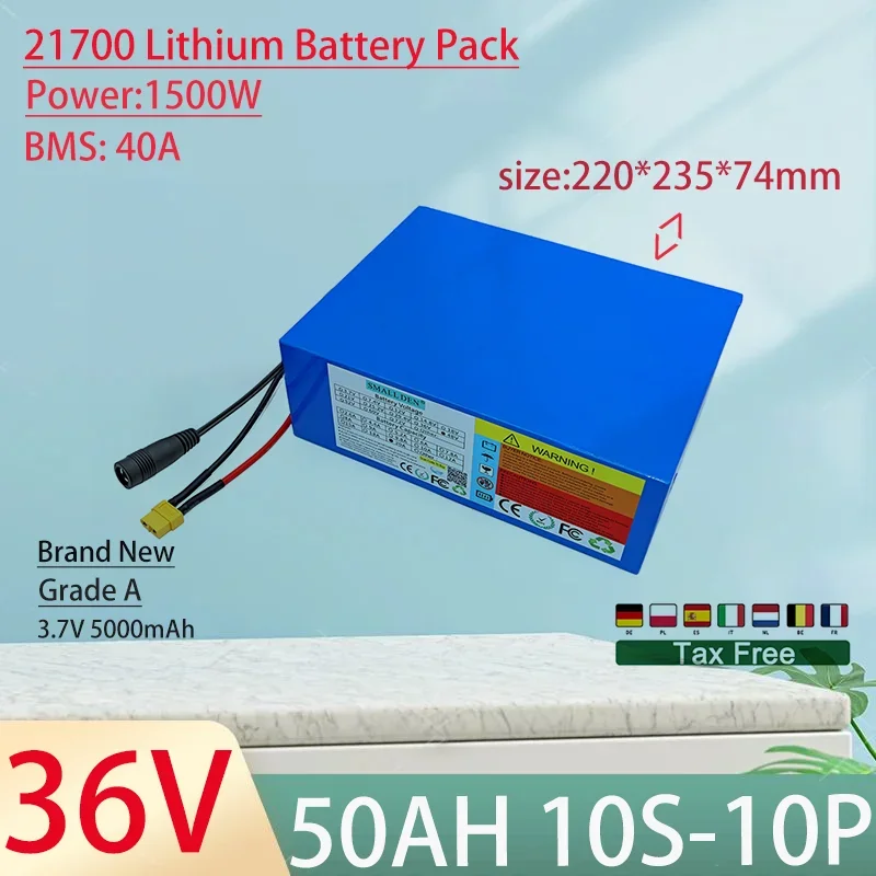 36V 50Ah 21700 10S10P Lithium Ion Battery Pack 1500W Power Tool Batteries Outdoor Backup Batteries With 40A BMS+42V 5A charger